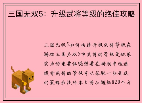 三国无双5：升级武将等级的绝佳攻略